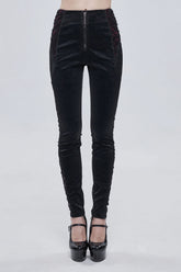 Pantalon gothique pour femme avec fermeture éclair en métal, taille mi-haute avec ceinture, décoration en dentelle à motif texturé noir